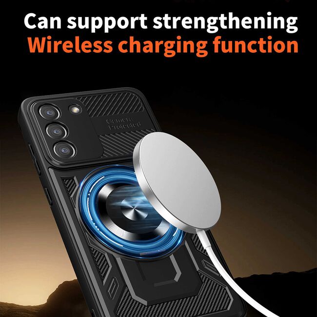 Husa pentru  Samsung Galaxy S21 FE TitanX HaloStand Pro cu Inel Pivotant Magnetic 360° & Kickstand, Textura Carbon, protectie lentile - Mov