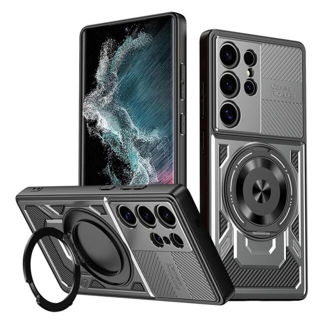 Husa pentru  Samsung Galaxy S22 Ultra 5G TitanX HaloStand Pro cu Inel Pivotant Magnetic 360° & Kickstand, Textura Carbon, protectie lentile - Gri