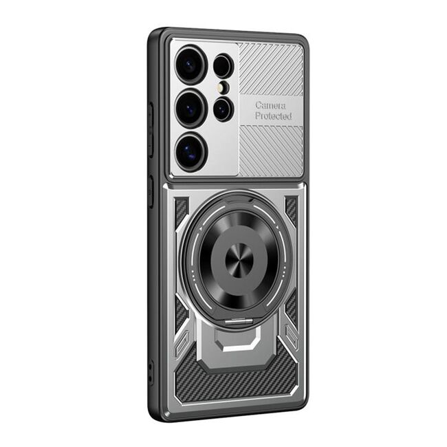 Husa pentru  Samsung Galaxy S22 Ultra 5G TitanX HaloStand Pro cu Inel Pivotant Magnetic 360° & Kickstand, Textura Carbon, protectie lentile - Gri