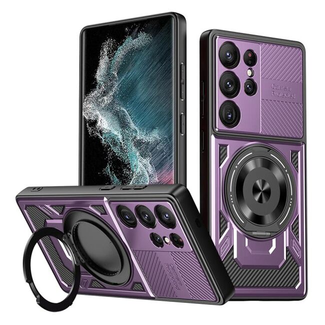 Husa pentru  Samsung Galaxy S22 Ultra 5G TitanX HaloStand Pro cu Inel Pivotant Magnetic 360° & Kickstand, Textura Carbon, protectie lentile - Mov