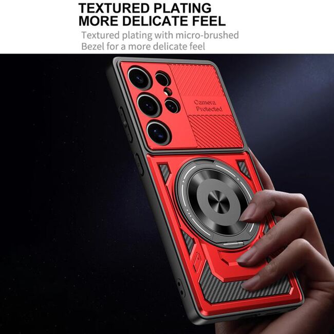 Husa pentru  Samsung Galaxy S22 Ultra 5G TitanX HaloStand Pro cu Inel Pivotant Magnetic 360° & Kickstand, Textura Carbon, protectie lentile - Mov