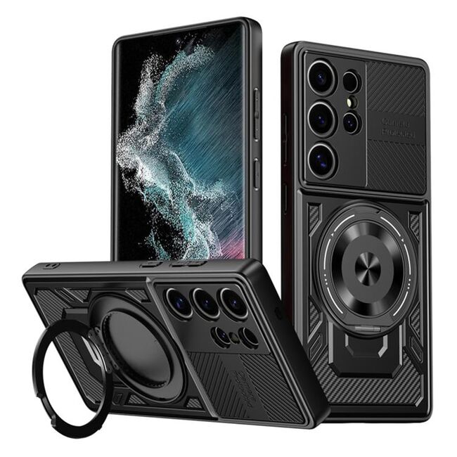 Husa pentru  Samsung Galaxy S22 Ultra 5G TitanX HaloStand Pro cu Inel Pivotant Magnetic 360° & Kickstand, Textura Carbon, protectie lentile - Negru