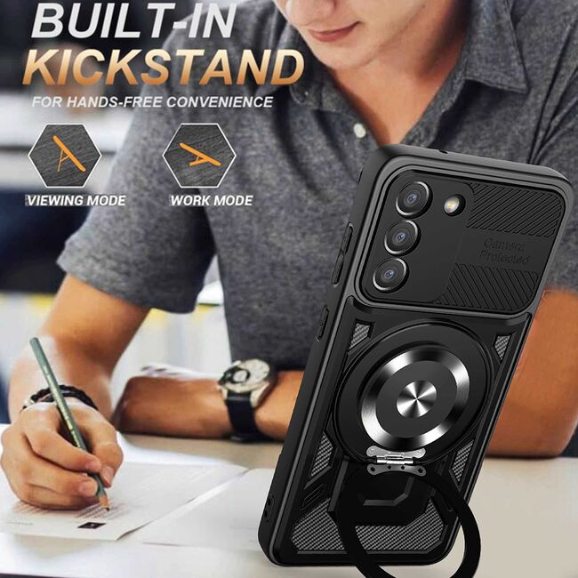Husa pentru  Samsung Galaxy S23 TitanX HaloStand Pro cu Inel Pivotant Magnetic 360° & Kickstand, Textura Carbon, protectie lentile - Gri