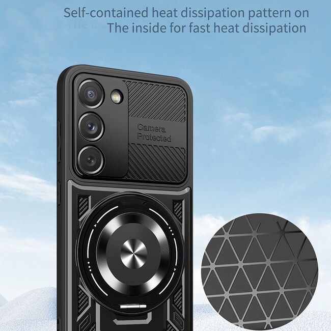 Husa pentru  Samsung Galaxy S23 TitanX HaloStand Pro cu Inel Pivotant Magnetic 360° & Kickstand, Textura Carbon, protectie lentile - Mov