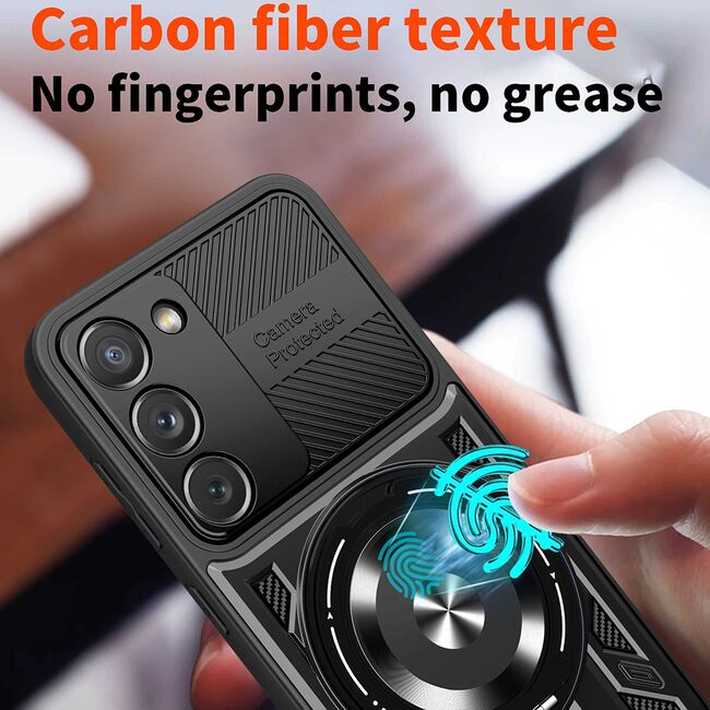 Husa pentru  Samsung Galaxy S23 TitanX HaloStand Pro cu Inel Pivotant Magnetic 360° & Kickstand, Textura Carbon, protectie lentile - Negru