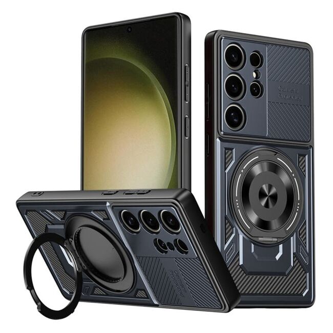 Husa pentru  Samsung Galaxy S23 Ultra 5G TitanX HaloStand Pro cu Inel Pivotant Magnetic 360° & Kickstand, Textura Carbon, protectie lentile - Albastru