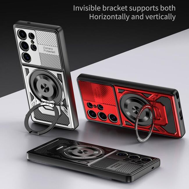 Husa pentru  Samsung Galaxy S23 Ultra 5G TitanX HaloStand Pro cu Inel Pivotant Magnetic 360° & Kickstand, Textura Carbon, protectie lentile - Albastru