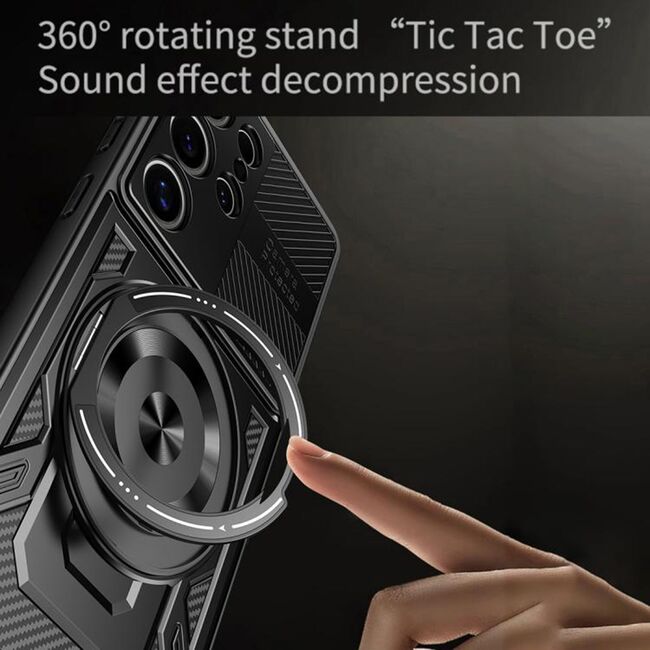 Husa pentru  Samsung Galaxy S23 Ultra 5G TitanX HaloStand Pro cu Inel Pivotant Magnetic 360° & Kickstand, Textura Carbon, protectie lentile - Mov