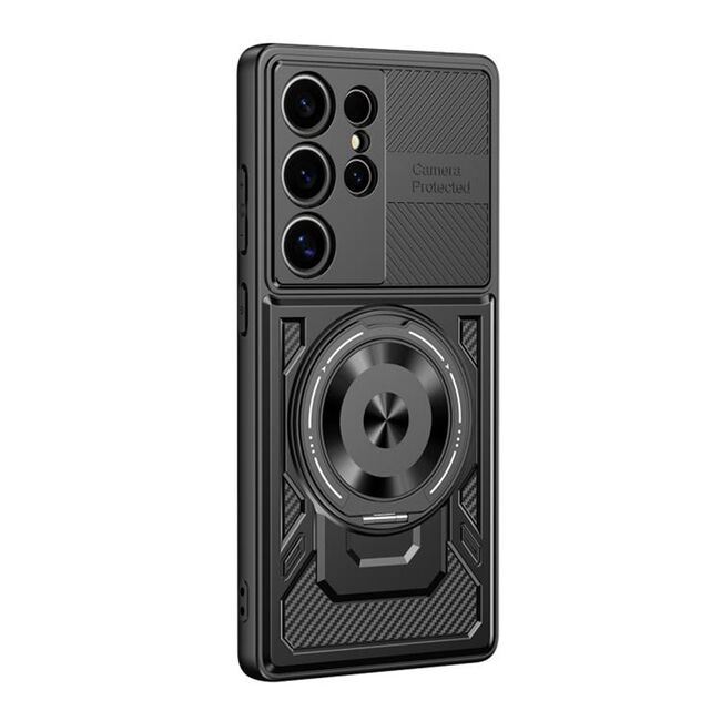 Husa pentru  Samsung Galaxy S23 Ultra 5G TitanX HaloStand Pro cu Inel Pivotant Magnetic 360° & Kickstand, Textura Carbon, protectie lentile - Negru