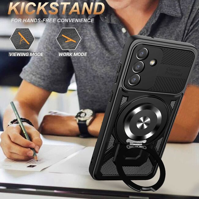 Husa pentru  Samsung Galaxy S24 FE TitanX HaloStand Pro cu Inel Pivotant Magnetic 360° & Kickstand, Textura Carbon, protectie lentile - Mov