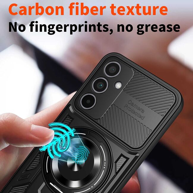 Husa pentru  Samsung Galaxy S24 FE TitanX HaloStand Pro cu Inel Pivotant Magnetic 360° & Kickstand, Textura Carbon, protectie lentile - Mov
