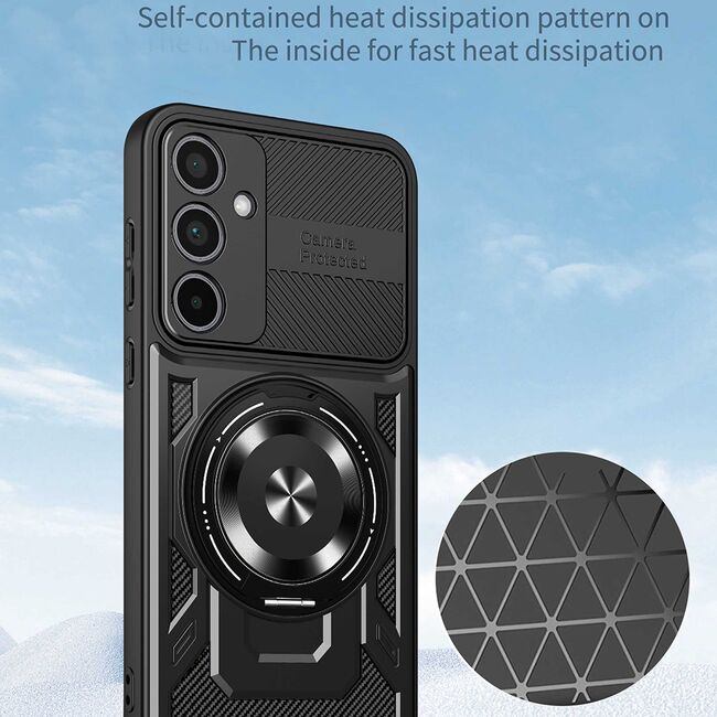 Husa pentru  Samsung Galaxy S24 FE TitanX HaloStand Pro cu Inel Pivotant Magnetic 360° & Kickstand, Textura Carbon, protectie lentile - Mov