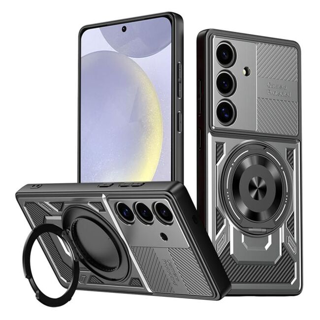 Husa pentru  Samsung Galaxy S25 TitanX HaloStand Pro cu Inel Pivotant Magnetic 360° & Kickstand, Textura Carbon, protectie lentile - Gri