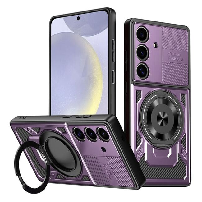 Husa pentru  Samsung Galaxy S25 TitanX HaloStand Pro cu Inel Pivotant Magnetic 360° & Kickstand, Textura Carbon, protectie lentile - Mov