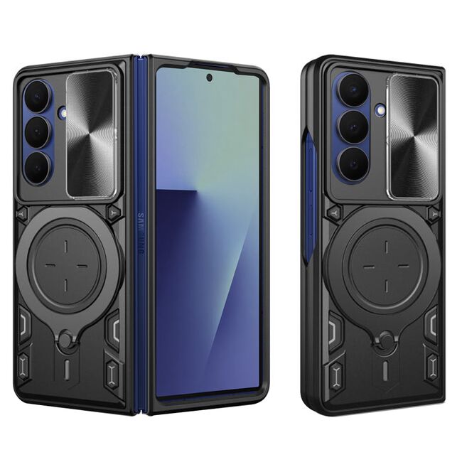 Husa pentru  Samsung Galaxy Z Fold 7 cu protecție pentru cameră și suport magnetic integrat Ring Shockproof, Negru