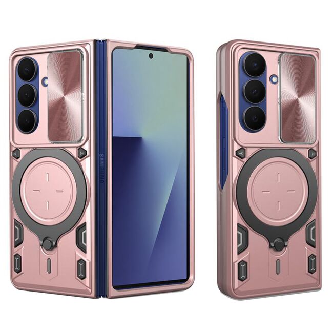 Husa pentru  Samsung Galaxy Z Fold 7 cu protecție pentru cameră și suport magnetic integrat Ring Shockproof, Rose Gold