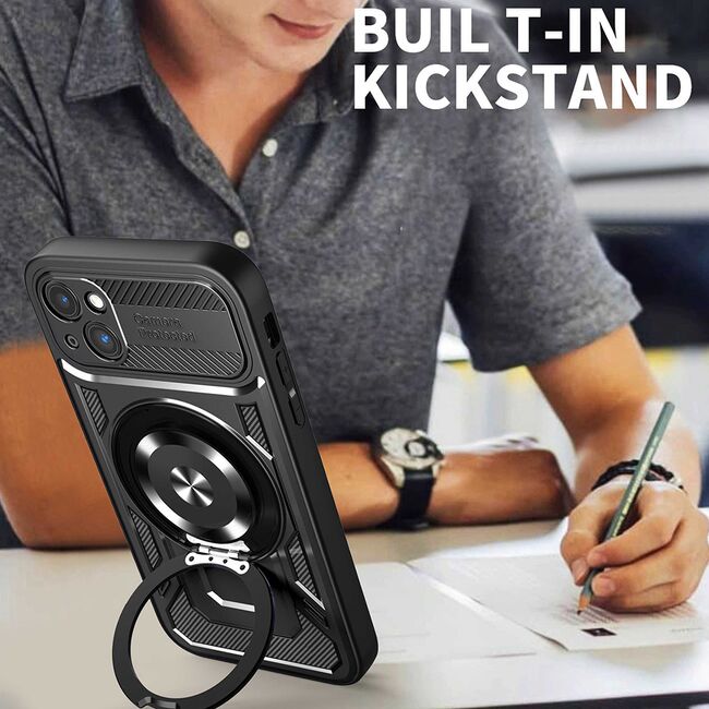 Husa pentru  iPhone 15 Plus TitanX HaloStand Pro cu Inel Pivotant Magnetic 360° & Kickstand, Textura Carbon, protectie lentile - Albastru