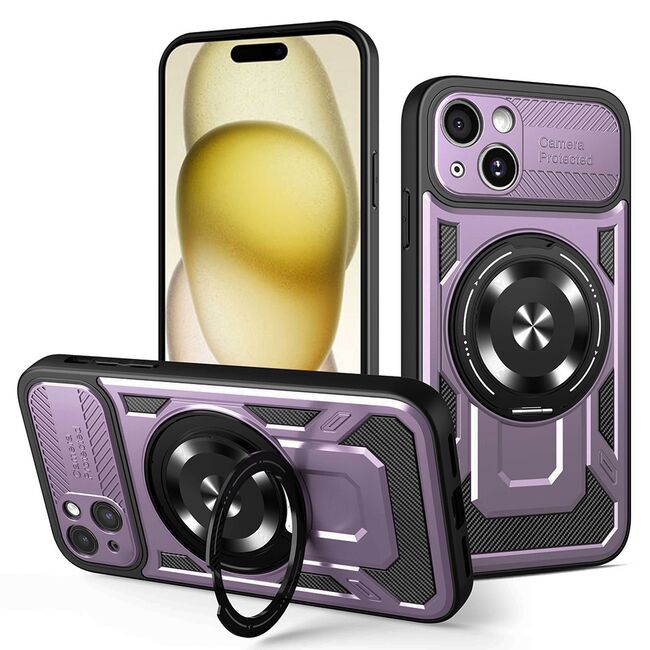 Husa pentru  iPhone 15 Plus TitanX HaloStand Pro cu Inel Pivotant Magnetic 360° & Kickstand, Textura Carbon, protectie lentile - Mov