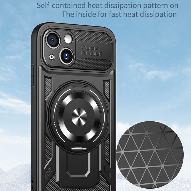 Husa pentru  iPhone 15 Plus TitanX HaloStand Pro cu Inel Pivotant Magnetic 360° & Kickstand, Textura Carbon, protectie lentile - Mov