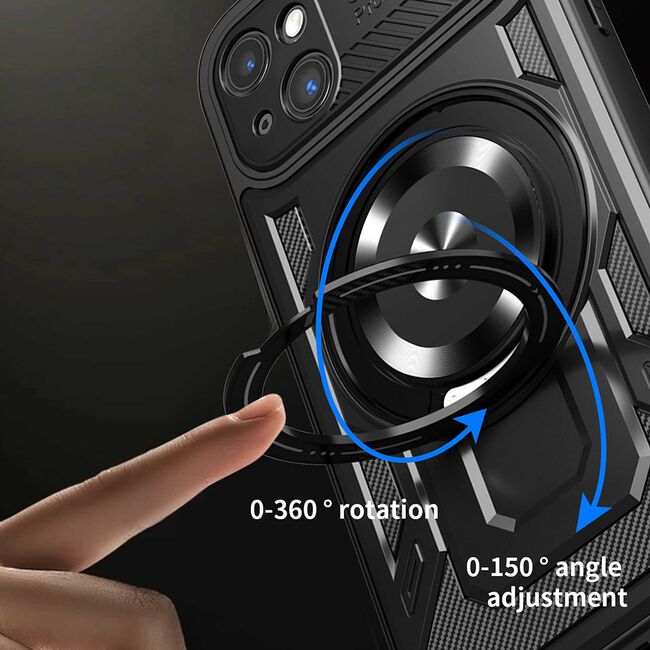Husa pentru  iPhone 15 Plus TitanX HaloStand Pro cu Inel Pivotant Magnetic 360° & Kickstand, Textura Carbon, protectie lentile - Mov