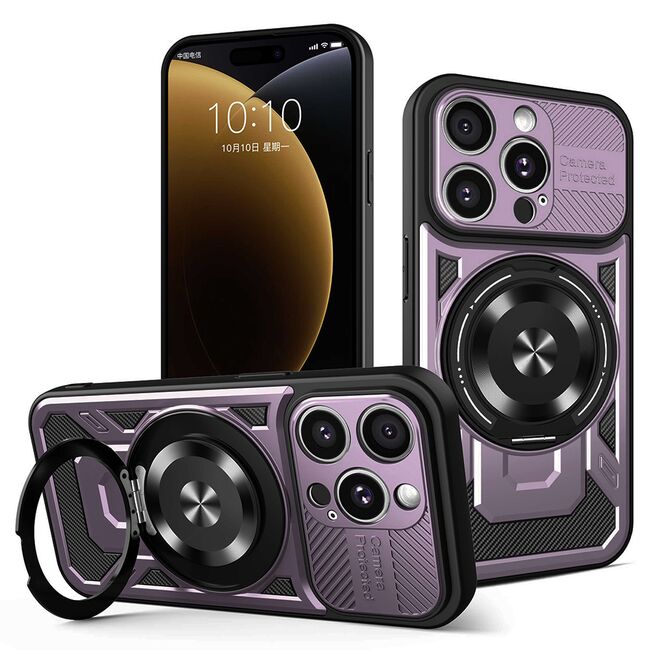 Husa pentru  iPhone 15 Pro Max TitanX HaloStand Pro cu Inel Pivotant Magnetic 360° & Kickstand, Textura Carbon, protectie lentile - Mov