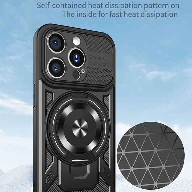 Husa pentru  iPhone 15 Pro Max TitanX HaloStand Pro cu Inel Pivotant Magnetic 360° & Kickstand, Textura Carbon, protectie lentile - Mov