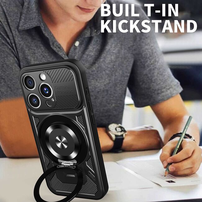 Husa pentru  iPhone 15 Pro TitanX HaloStand Pro cu Inel Pivotant Magnetic 360° & Kickstand, Textura Carbon, protectie lentile - Mov