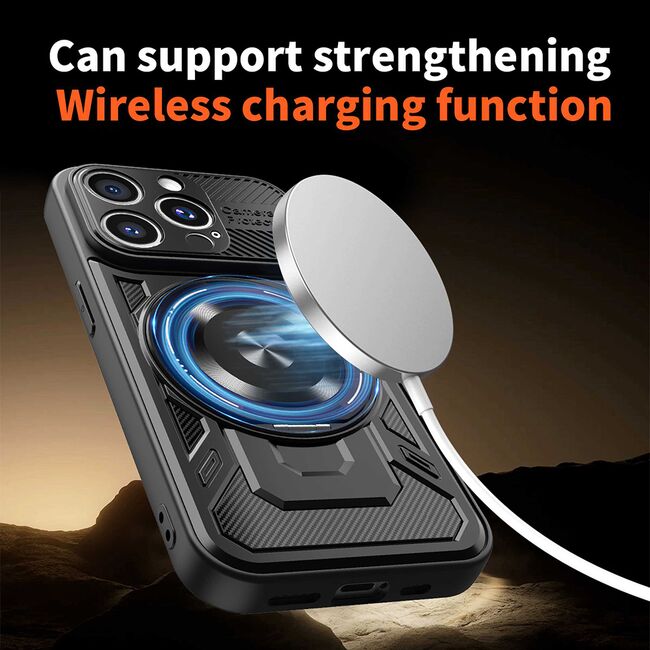 Husa pentru  iPhone 15 Pro TitanX HaloStand Pro cu Inel Pivotant Magnetic 360° & Kickstand, Textura Carbon, protectie lentile - Mov