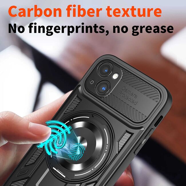 Husa pentru  iPhone 15 TitanX HaloStand Pro cu Inel Pivotant Magnetic 360° & Kickstand, Textura Carbon, protectie lentile - Mov