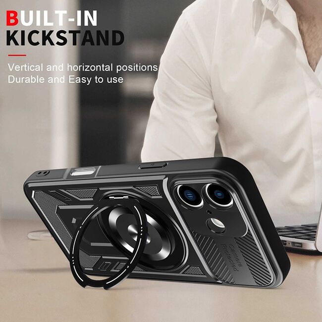 Husa pentru  iPhone 16 Plus TitanX HaloStand Pro cu Inel Pivotant Magnetic 360° & Kickstand, Textura Carbon, protectie lentile - Albastru