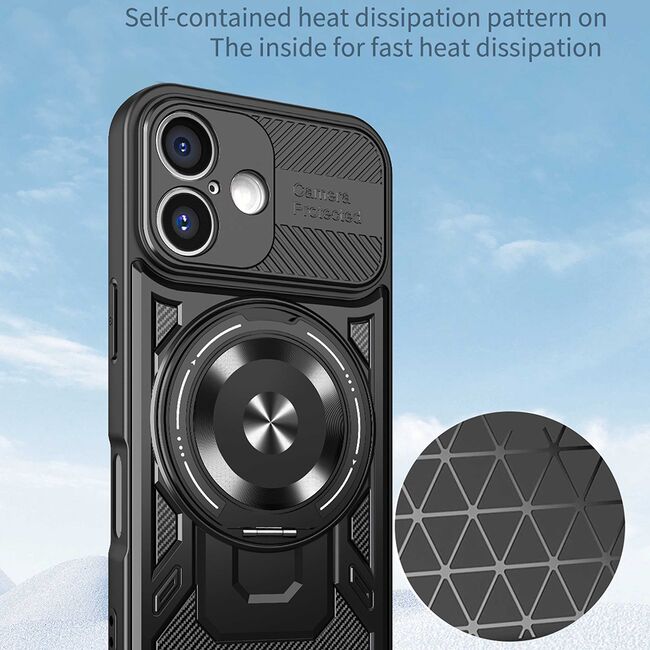 Husa pentru  iPhone 16 Plus TitanX HaloStand Pro cu Inel Pivotant Magnetic 360° & Kickstand, Textura Carbon, protectie lentile - Albastru