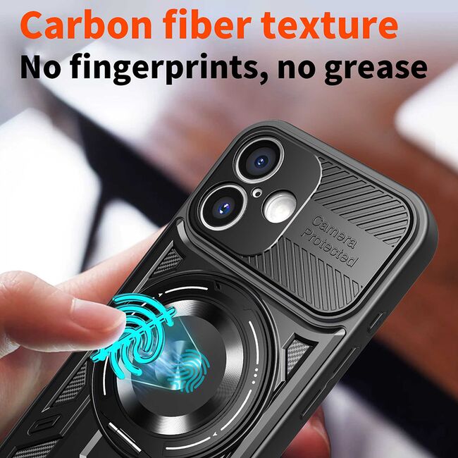 Husa pentru  iPhone 16 Plus TitanX HaloStand Pro cu Inel Pivotant Magnetic 360° & Kickstand, Textura Carbon, protectie lentile - Mov