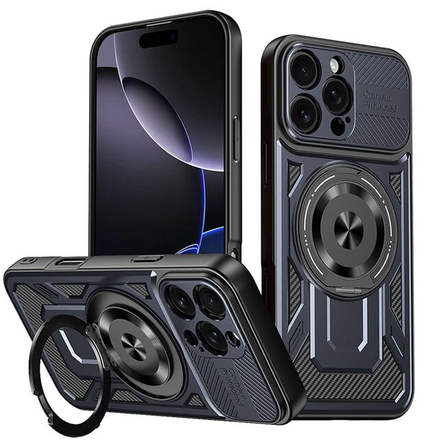 Husa pentru  iPhone 16 Pro Max TitanX HaloStand Pro cu Inel Pivotant Magnetic 360° & Kickstand, Textura Carbon, protectie lentile - Albastru