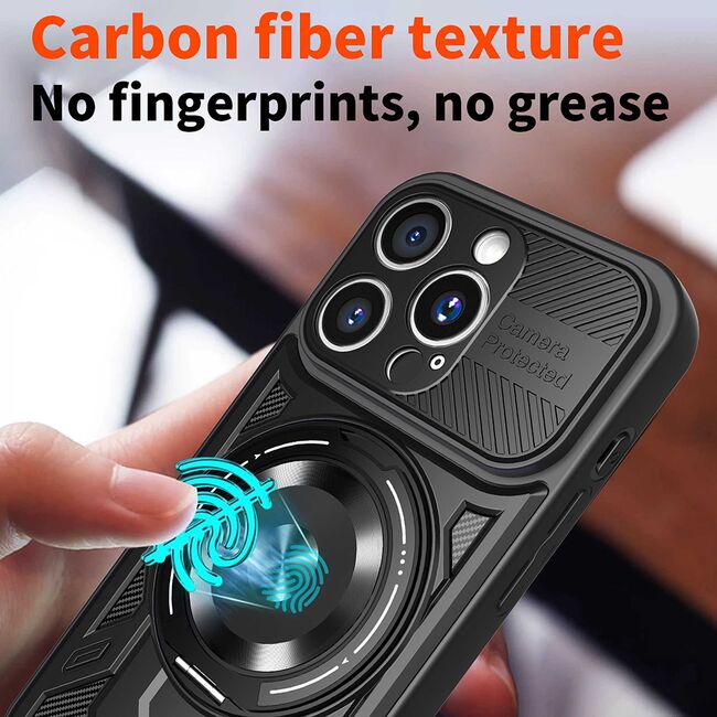 Husa pentru  iPhone 16 Pro Max TitanX HaloStand Pro cu Inel Pivotant Magnetic 360° & Kickstand, Textura Carbon, protectie lentile - Albastru