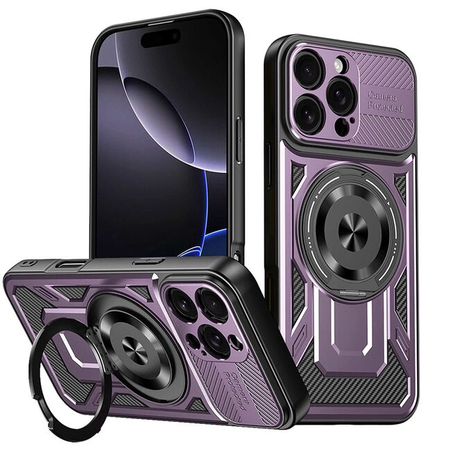 Husa pentru  iPhone 16 Pro Max TitanX HaloStand Pro cu Inel Pivotant Magnetic 360° & Kickstand, Textura Carbon, protectie lentile - Mov