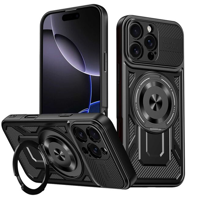 Husa pentru  iPhone 16 Pro Max TitanX HaloStand Pro cu Inel Pivotant Magnetic 360° & Kickstand, Textura Carbon, protectie lentile - Negru