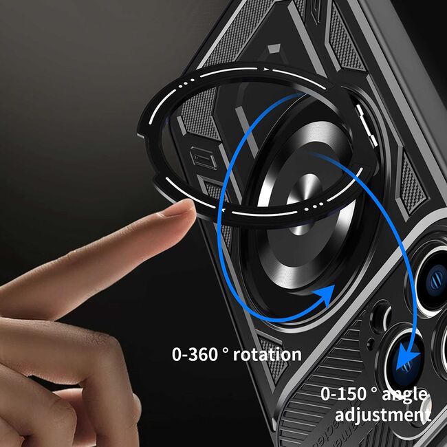 Husa pentru  iPhone 16 Pro TitanX HaloStand Pro cu Inel Pivotant Magnetic 360° & Kickstand, Textura Carbon, protectie lentile - Gri