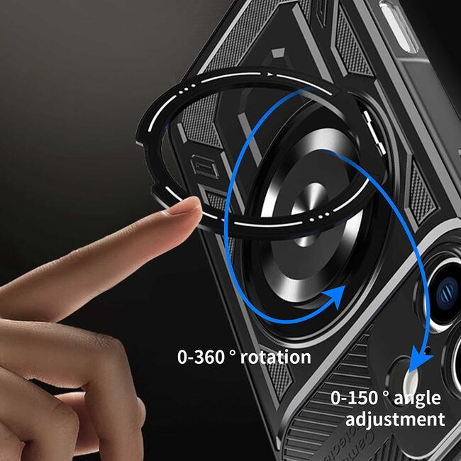 Husa pentru  iPhone 16 TitanX HaloStand Pro cu Inel Pivotant Magnetic 360° & Kickstand, Textura Carbon, protectie lentile - Albastru