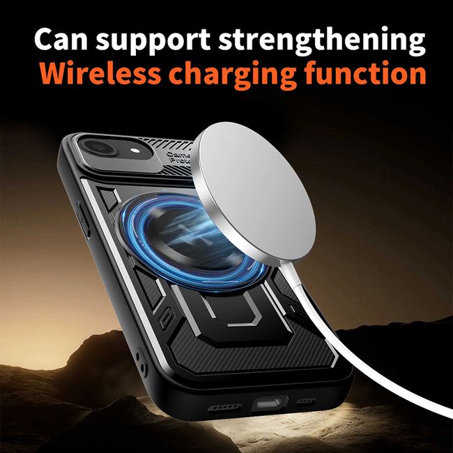 Husa pentru  iPhone 16e TitanX HaloStand Pro cu Inel Pivotant Magnetic 360° & Kickstand, Textura Carbon, protectie lentile - Albastru