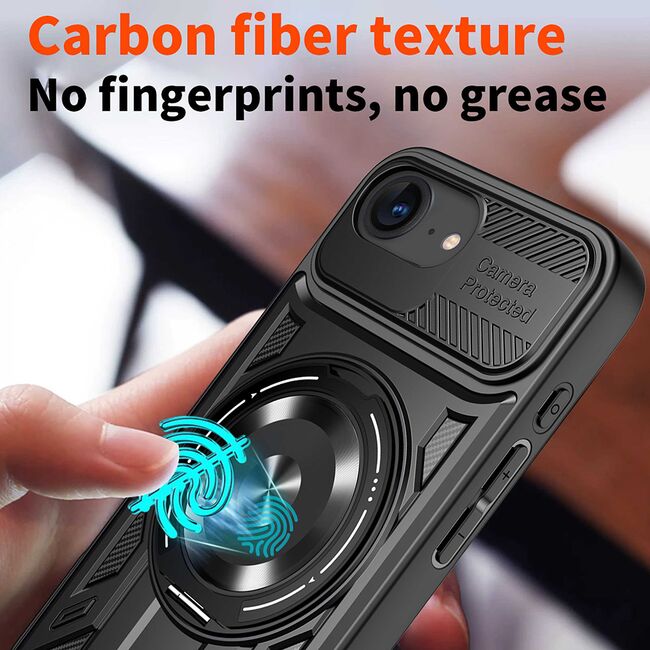 Husa pentru  iPhone 16e TitanX HaloStand Pro cu Inel Pivotant Magnetic 360° & Kickstand, Textura Carbon, protectie lentile - Albastru