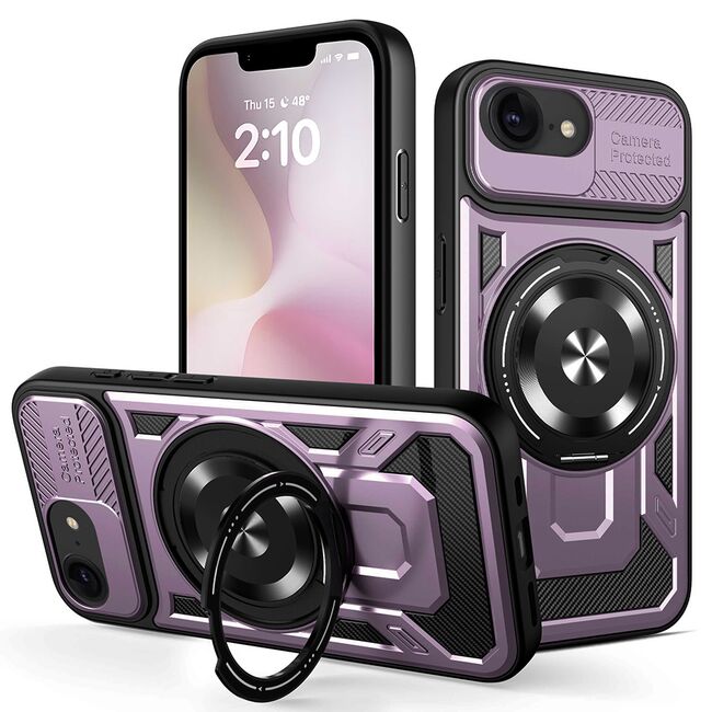 Husa pentru  iPhone 16e TitanX HaloStand Pro cu Inel Pivotant Magnetic 360° & Kickstand, Textura Carbon, protectie lentile - Mov