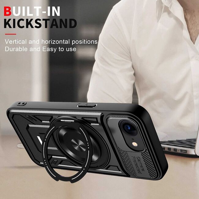 Husa pentru  iPhone 16e TitanX HaloStand Pro cu Inel Pivotant Magnetic 360° & Kickstand, Textura Carbon, protectie lentile - Mov