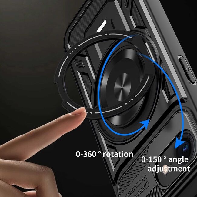 Husa pentru  iPhone 16e TitanX HaloStand Pro cu Inel Pivotant Magnetic 360° & Kickstand, Textura Carbon, protectie lentile - Negru