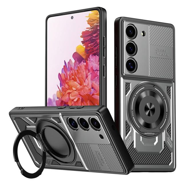 Husa pentru Samsung Galaxy S20 FE TitanX HaloStand Pro cu Inel Pivotant Magnetic 360° & Kickstand, Textura Carbon, protectie lentile - Gri