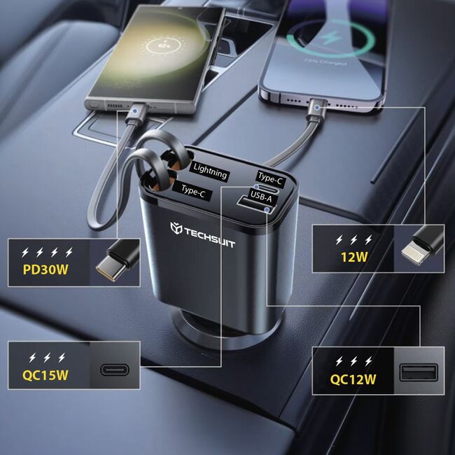 Incarcator pentru Masina USB, Type-C, Cabluri Retractabile USB-C, Lightning, USB 2.4A, PD30W, 69W, 180° - Techsuit NanoVoltX (C1) - Gri
