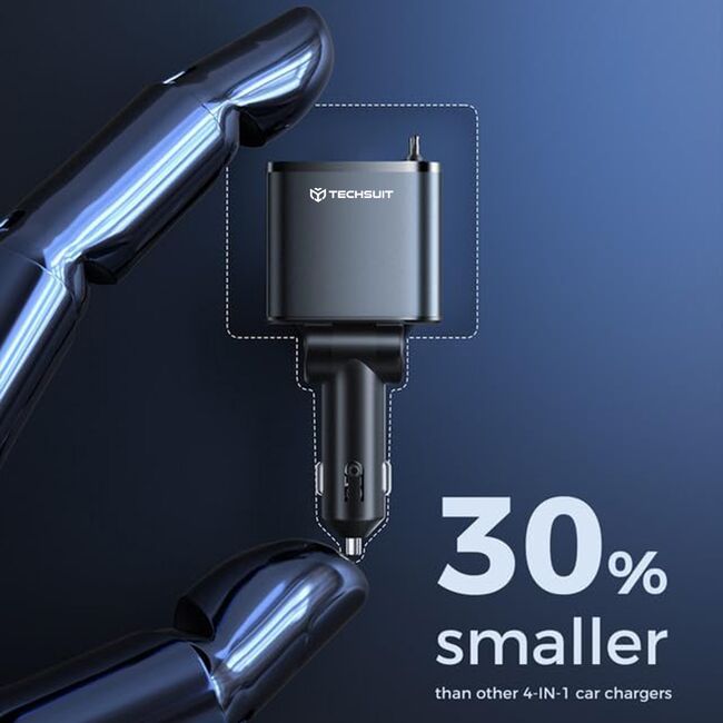 Incarcator pentru Masina USB, Type-C, Cabluri Retractabile USB-C, Lightning, USB 2.4A, PD30W, 69W, 180° - Techsuit NanoVoltX (C1) - Gri
