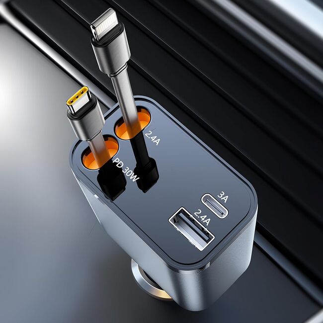 Incarcator pentru Masina USB, Type-C, Cabluri Retractabile USB-C, Lightning, USB 2.4A, PD30W, 69W, 180° - Techsuit NanoVoltX (C1) - Gri