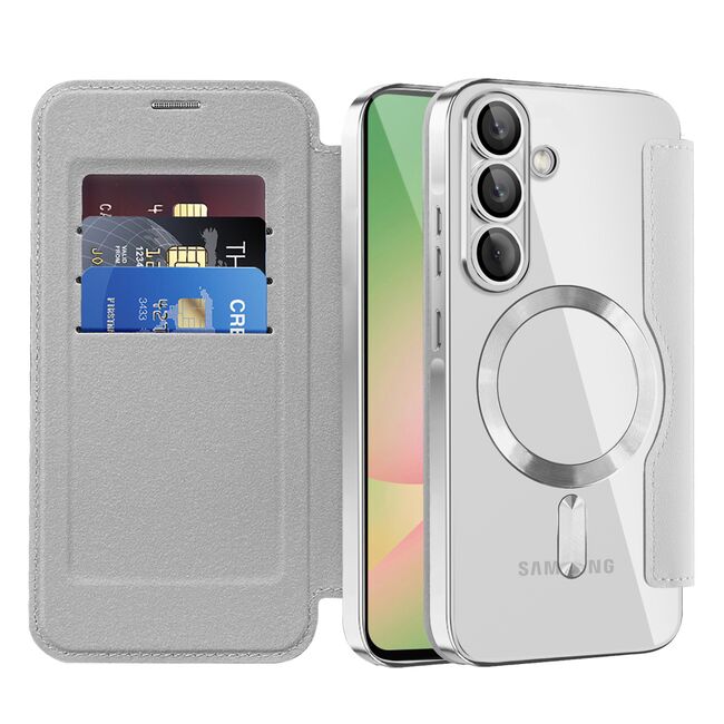 Husa pentru  Samsung Galaxy A56 EliteBook Executive Tip Carte cu Protectie RFID, Compatibilitate MagSafe si protectie lentile Transparent - Gri