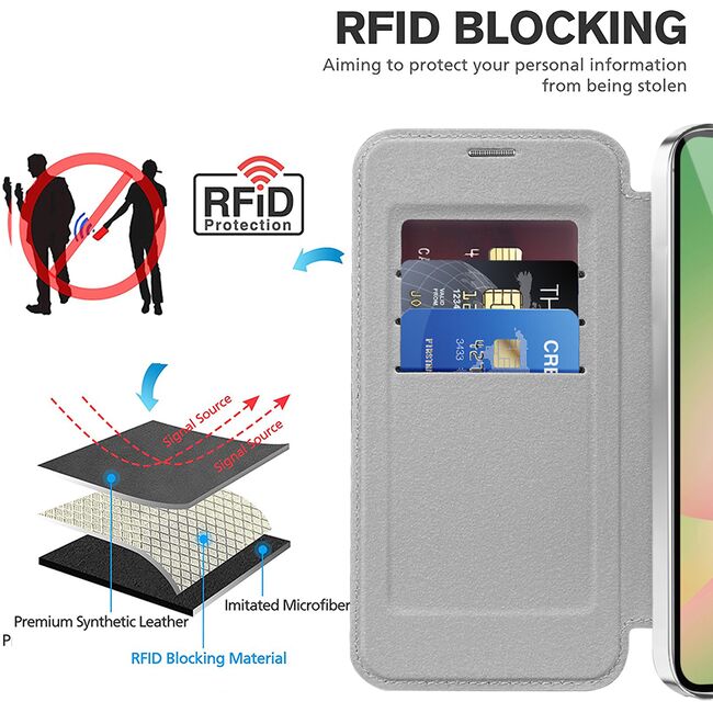 Husa pentru  Samsung Galaxy A56 EliteBook Executive Tip Carte cu Protectie RFID, Compatibilitate MagSafe si protectie lentile Transparent - Gri