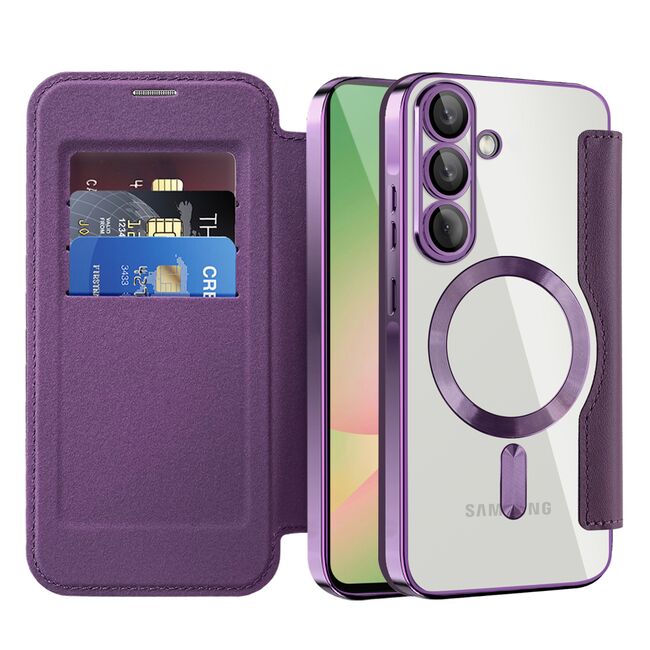 Husa pentru  Samsung Galaxy A56 EliteBook Executive Tip Carte cu Protectie RFID, Compatibilitate MagSafe si protectie lentile Transparent - Mov
